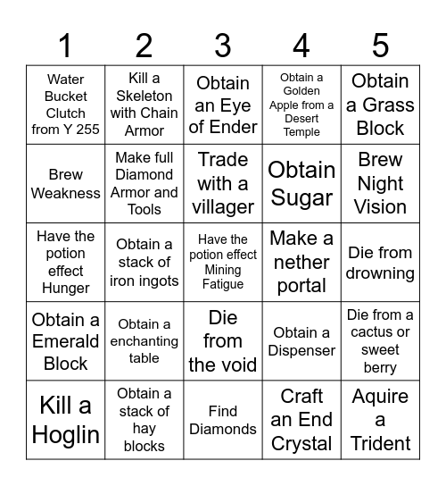 Minecraft Bedrock Lockout Bingo Card