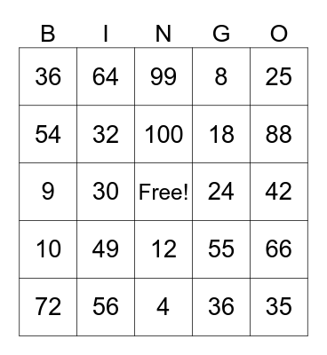 Multiplication Facts Bingo Card