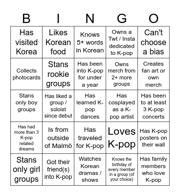 K-pop Malmö bingo Card