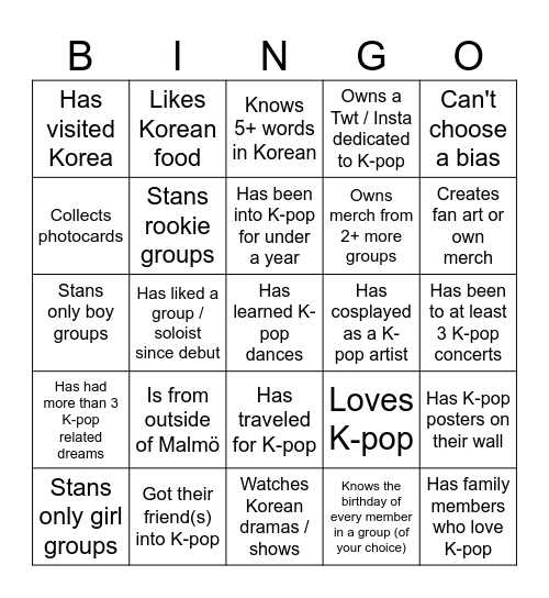 K-pop Malmö bingo Card