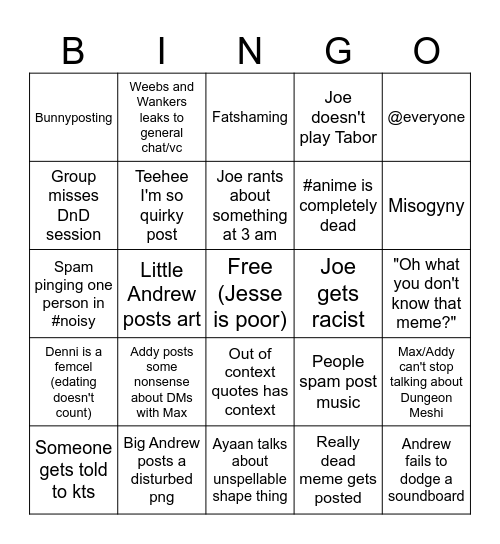 Fairy Hippo Squad Bingo Card