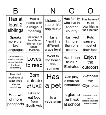 Cultural Diversity Bingo Card