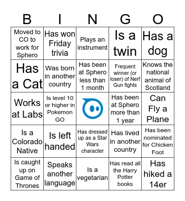 Sphero Bingo Card