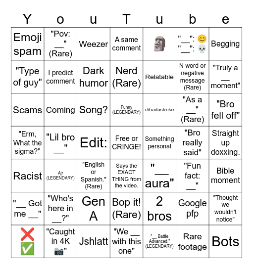 Youtu.be Bingo Card