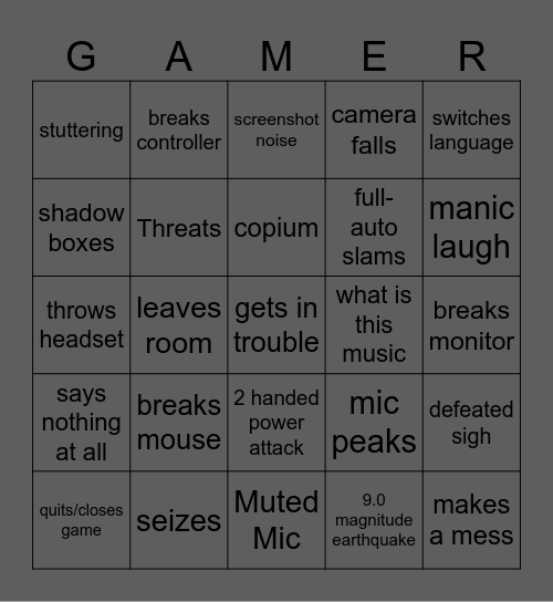 Ava's GAMER RAGE BINGO Card