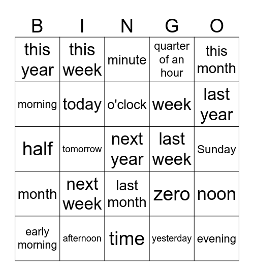 Time Phrase Bingo Card