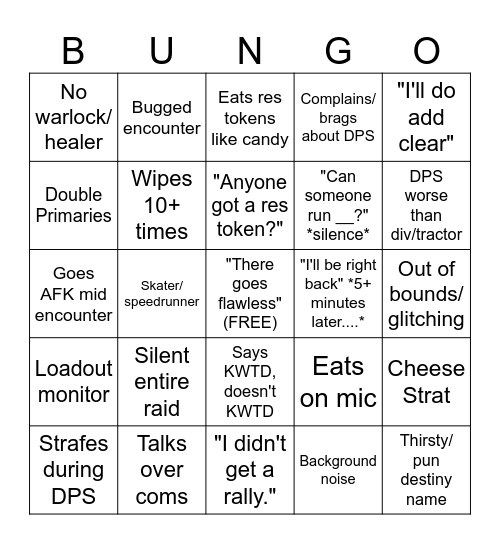 Destiny 2 Raid LFG Bingo Card