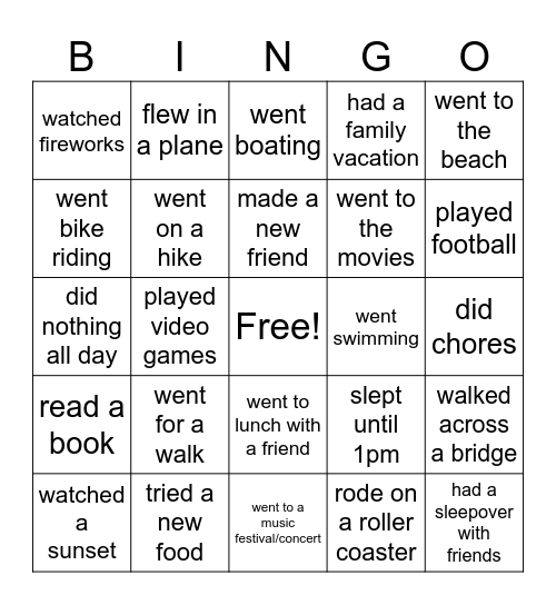 What Did You Do This Summer Bingo Card