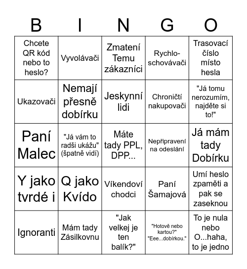 Zásilkovna bingo Card