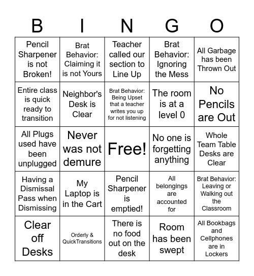 Packing Up / Dismissal Bingo Card