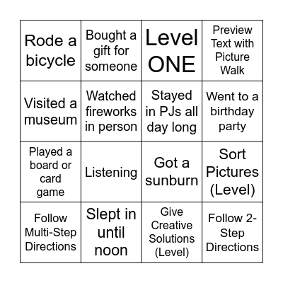 Summer Break Bingo Card