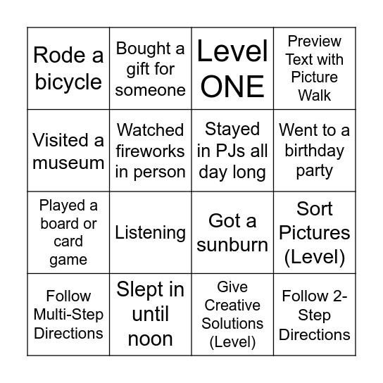 Summer Break Bingo Card