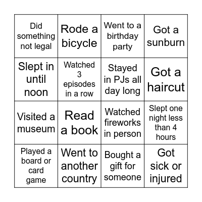 Summer Break Bingo Card
