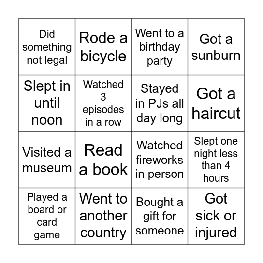 Summer Break Bingo Card