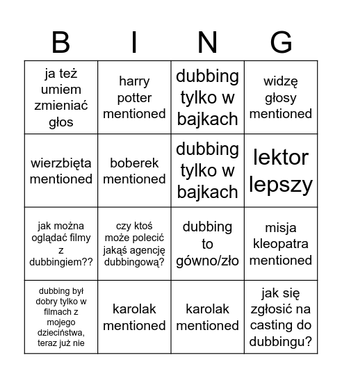 casual PL dubbing talk Bingo Card