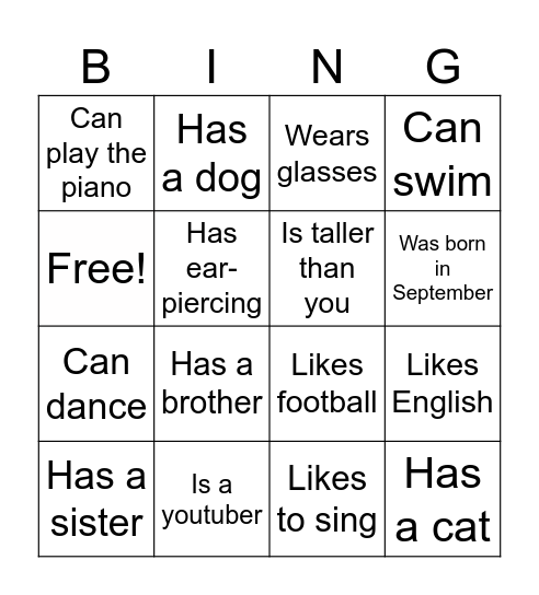 Find Someone Who 找到以下的人 Bingo Card