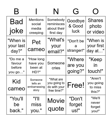 Virtual Farewell Bingo Card