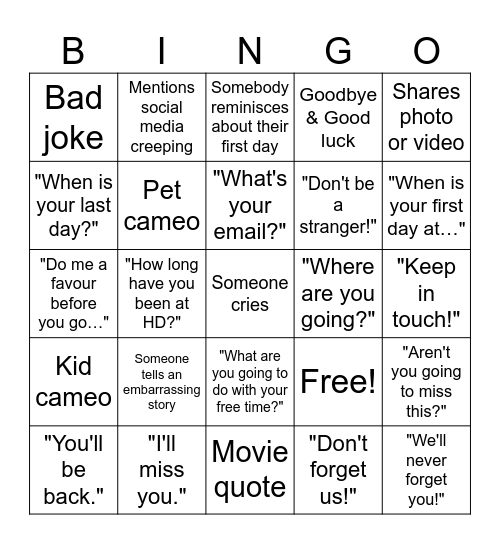 Virtual Farewell Bingo Card