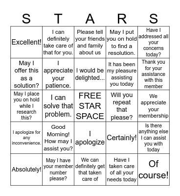 STAR Bingo Card