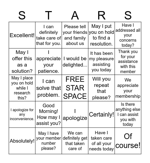 STAR Bingo Card