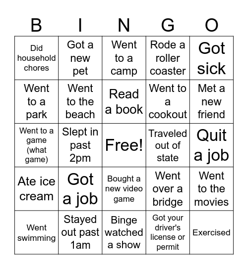 What I Did This Summer Bingo Card