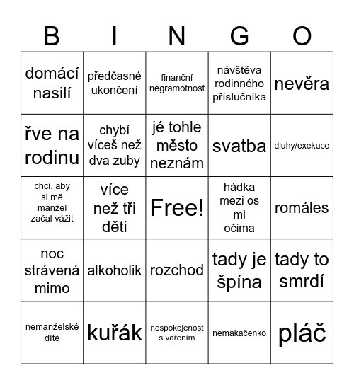 výměna manželek Bingo Card