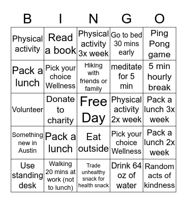 Wellness Bingo for:  Bingo Card