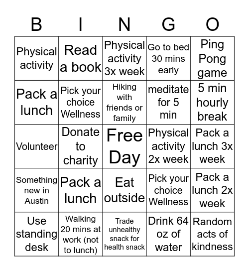 Wellness Bingo for:  Bingo Card