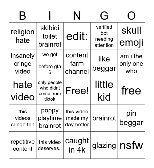 youtube shorts cringe Bingo Card