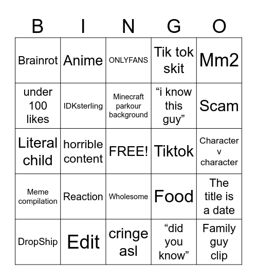 YouTube shorts Bingo Card