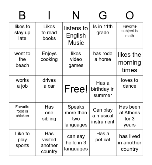 Introduction Bingo Card