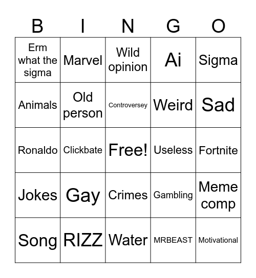 YOUTUBE SHORTS Bingo Card