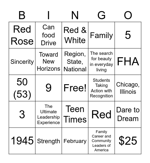 FCCLA Bingo Card