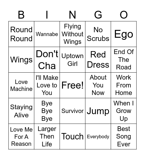 Boybands Vs. Girlbands Bingo Card