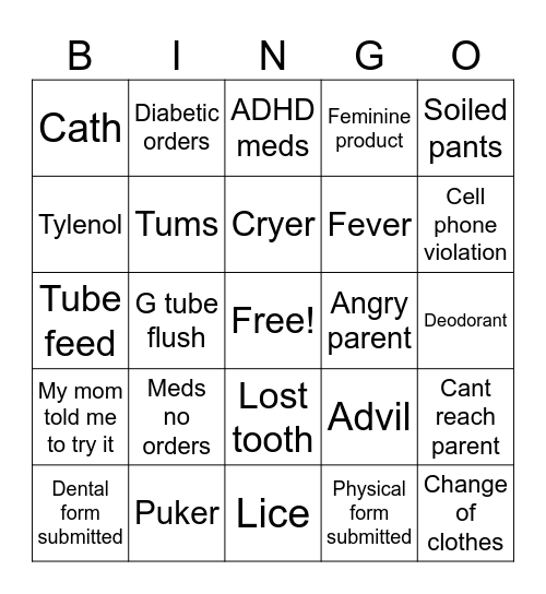 School Nurse Bingo Card