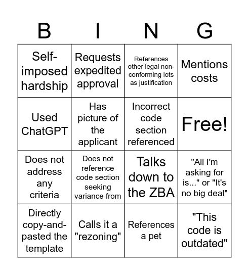 Letter of Intent Bingo Card