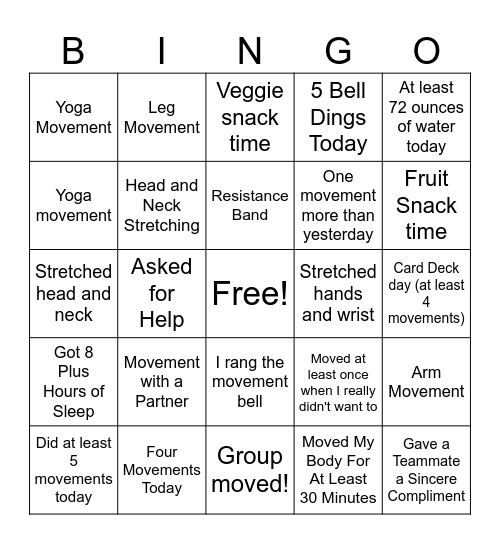 August Wellness Bingo Card