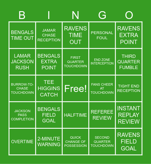 BENGALS VS RAVENS Bingo Card