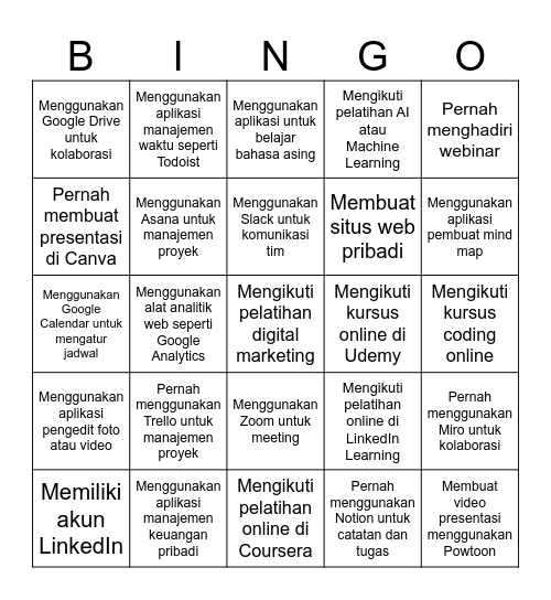 Pertamina Digital Bootcamp Bingo Card