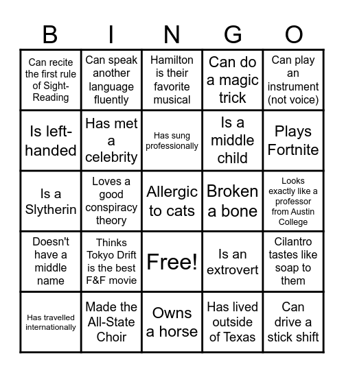 Choir Member Bingo Card