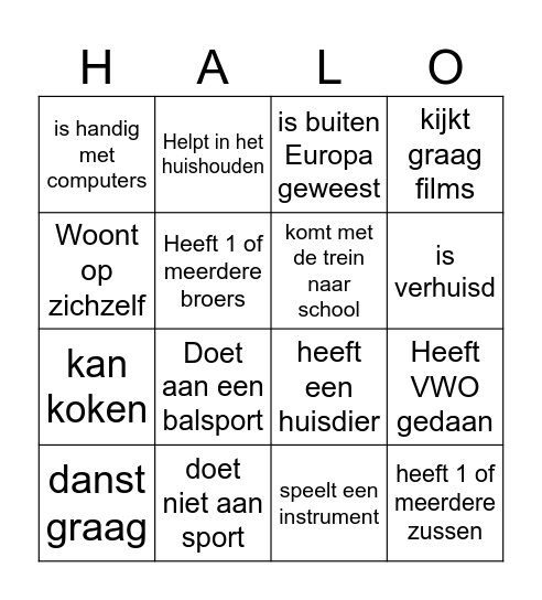 HALO kennismaken Bingo Card