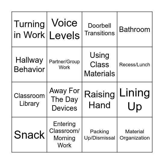 Procedure/Expectation BINGO Card