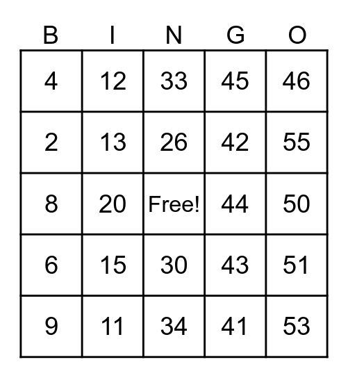 Number Bingo 0-50 Bingo Card