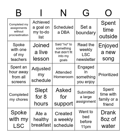 School-Life Balance Bingo Card