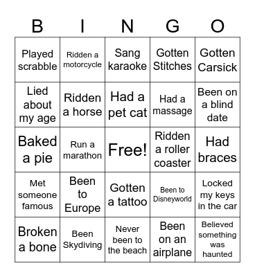 Never Have I Ever Bingo Card