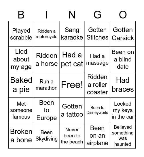 Never Have I Ever Bingo Card