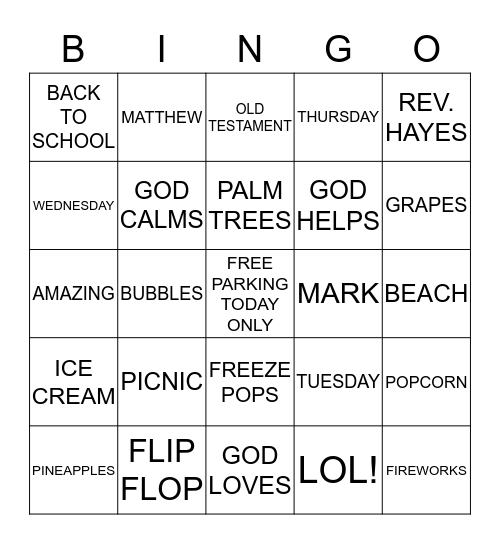 VBS 2016 Bingo Card