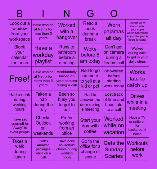 Remote Worker Bingo Card