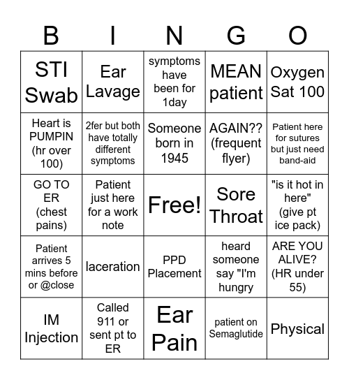 FUN Health Care Bingo Card