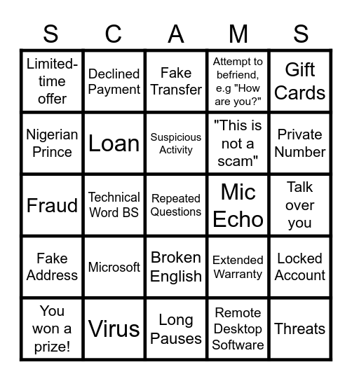 Scam Bingo Card